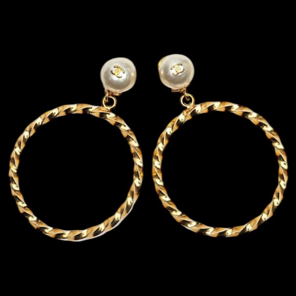 CHANEL Jewelry - Chanel Vintage Gold Plated and Pearl Hoop Earrings